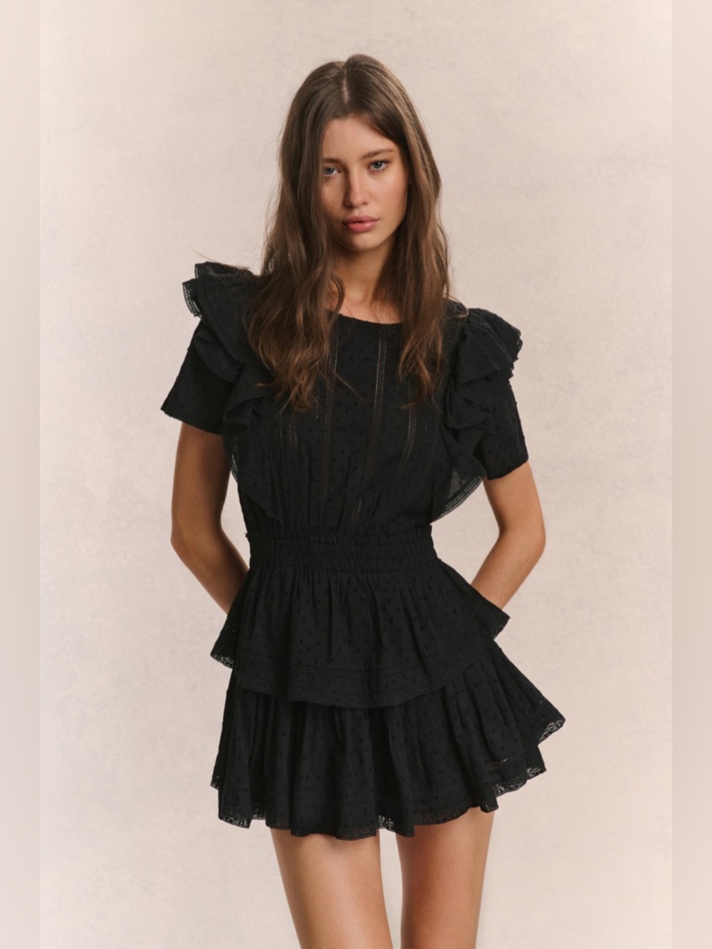LoveShackFancy Natasha Heritage Black Ruffled Eyelet Tiered Mini Dress Size XS